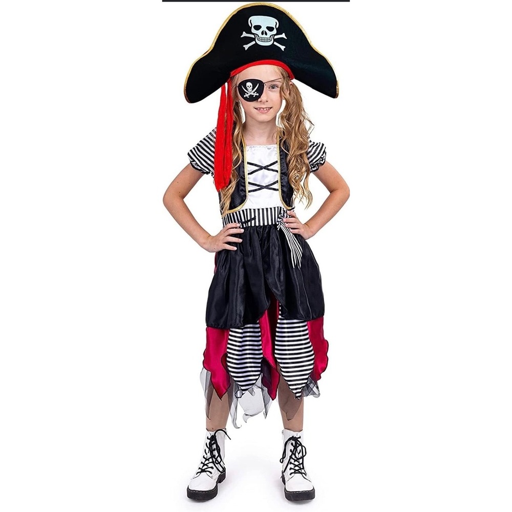 dress up america pirate costume black red striped girls x-large (16-18 yrs)